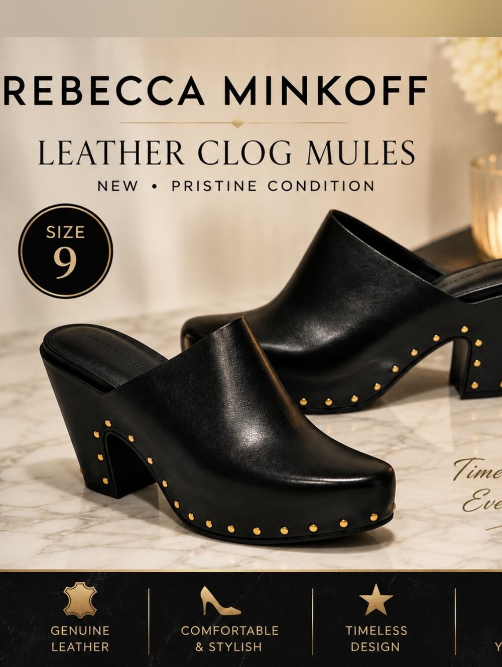 Rebecca Minkoff Nanine Black Leather Studded Clog Mules